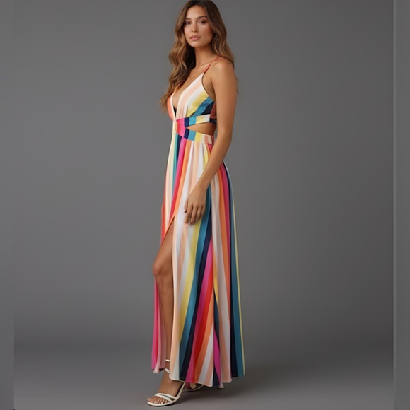 Striped Crisscross Tie Backless Split Thigh Cami Dress - Picture 3 of 10